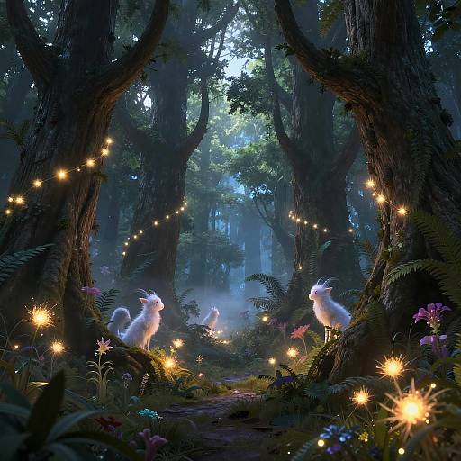 Enchanted forest scene with glowing fairy lights, luminescent white rabbits, and vibrant flowers. Tall trees frame a magical, misty path.