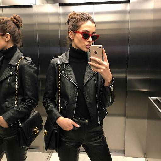 Chic Woman's Mirror Selfie in Metallic Room