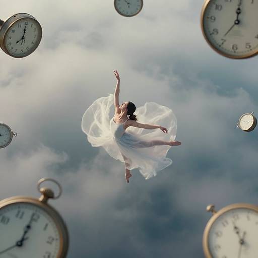 Photograph of a woman in a flowing white dress floating amidst floating vintage clocks against a cloudy sky background.