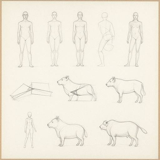 Black-and-white line drawing of six human figures and four animal sketches (dog, wolf, boar) in various poses. Simplistic, uncol