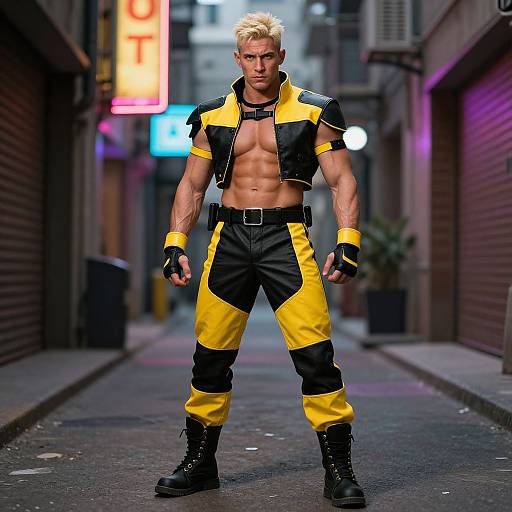 Photorealistic CGI of a muscular, blond-haired man with a defined six-pack, wearing yellow and black tactical outfit, black boots, gloves, standing