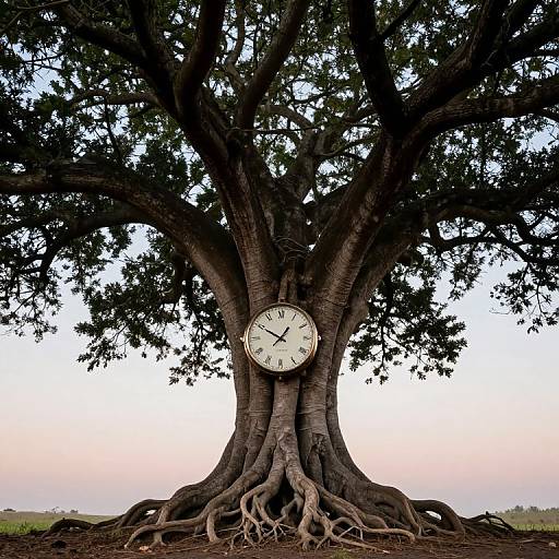 Photograph of a large, ancient tree with thick roots, a round white clock with black hands and Roman numerals, set against a pastel sky