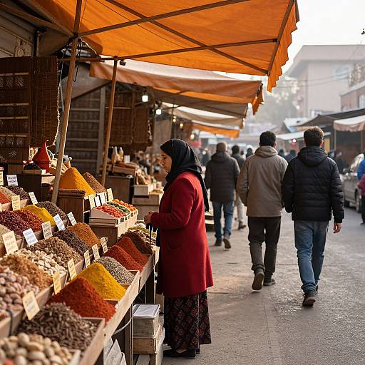 Vibrant Market Scene with Crimson Coat