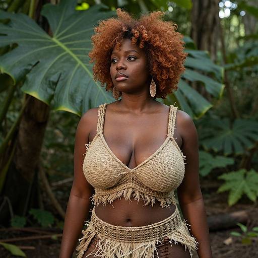 Photograph of a curvy, dark-skinned woman with curly red hair wearing a woven, fringe bikini top and bottom, standing in a lush,