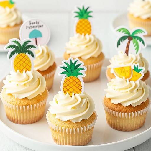 Photograph of six vanilla cupcakes with white swirled frosting, topped with pineapple and palm tree edible decorations on a white plate.