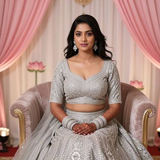 Photograph of a beautiful South Asian bride in a silver, intricately embroidered lehenga and choli, seated on a velvet chair, with pink draped