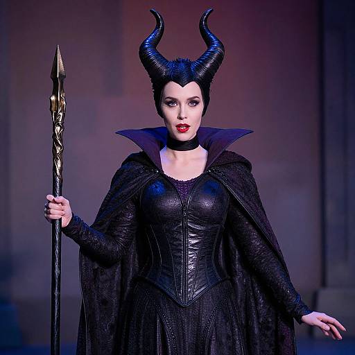 Digital artwork of a pale-skinned woman with black horns, red lipstick, and black leather corset, holding a ornate staff, wearing a black