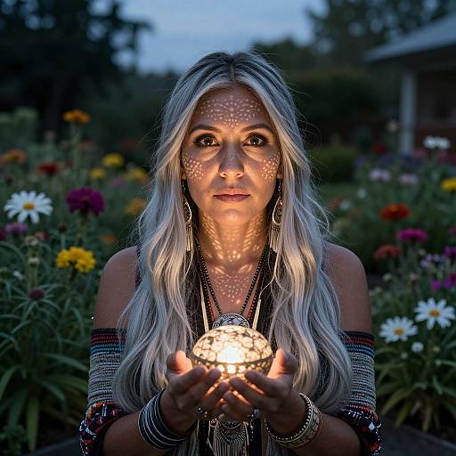 Photograph of a blonde woman with white face paint holding a glowing lantern, surrounded by colorful flowers at dusk.