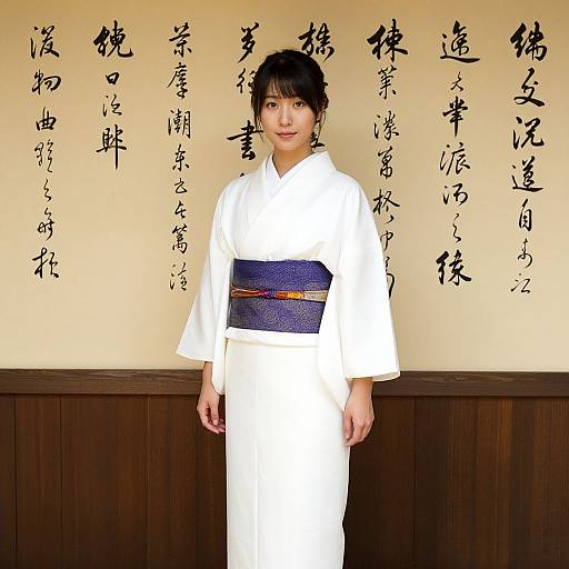 Photograph of a Japanese woman in a white kimono with a blue obi, standing in front of a beige wall with black Japanese calligraphy.