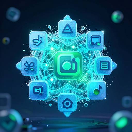 Digital illustration of glowing blue app icons (camera, settings, music, files, arrow, lock, plus, circle) arranged in a circular, neon