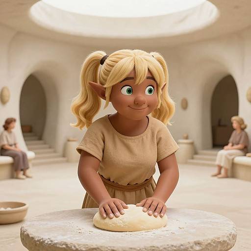 Digital CGI of a cute, blonde, elf-girl with green eyes, wearing a beige tunic, kneading dough in a white, arched,