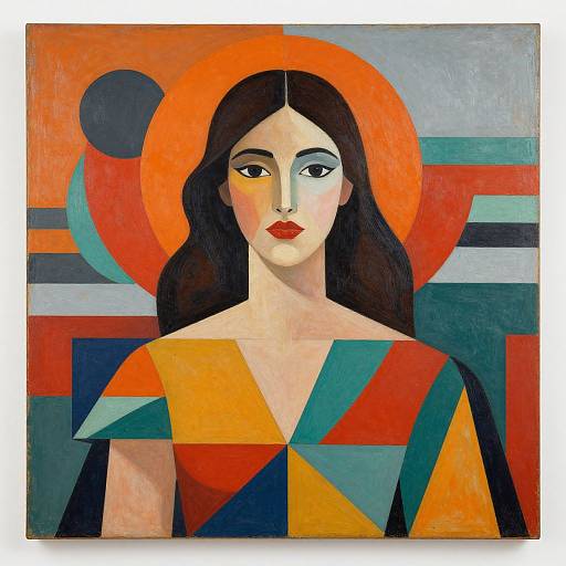 Geometric, stylized portrait of a woman with long black hair, red halo, and colorful, patterned dress, set against abstract background.