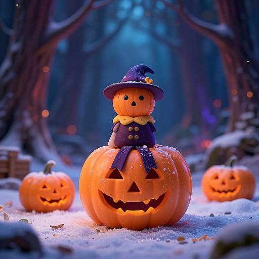 Photograph of a cute, orange, cartoon pumpkin with a witch hat and purple coat, sitting on a carved, glowing jack-o'-lantern in