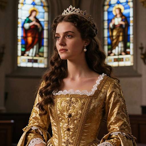 Photograph of a fair-skinned woman with long, wavy brown hair, wearing a gold embroidered gown, white lace trim, and a silver ti