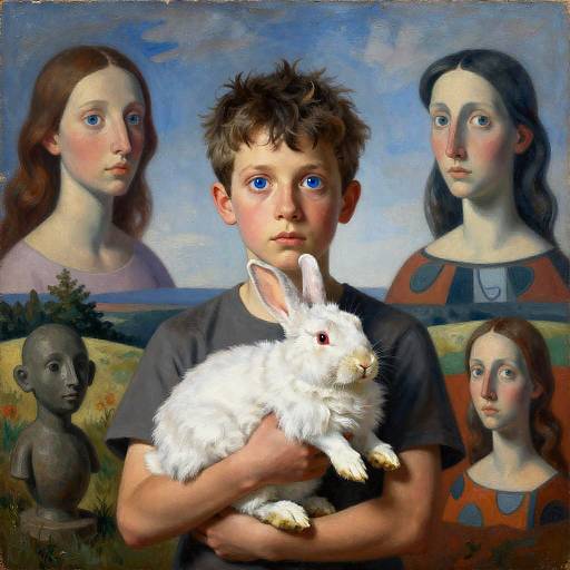 Small Man Holding Albino Rabbit, Dreamlike