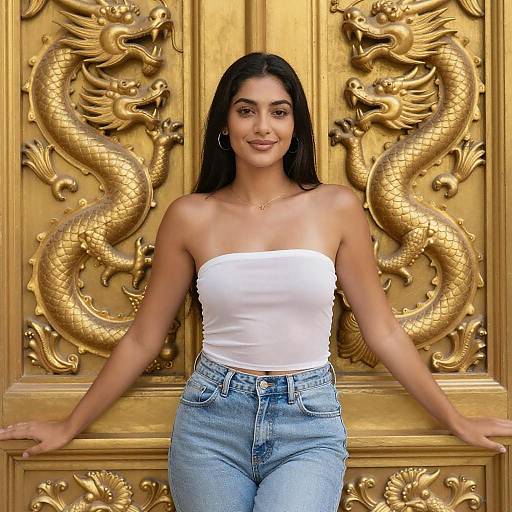 Young Woman by Ornate Dragon Door