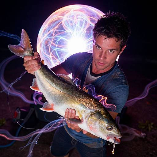 Man Holding Fish with Electric Aura