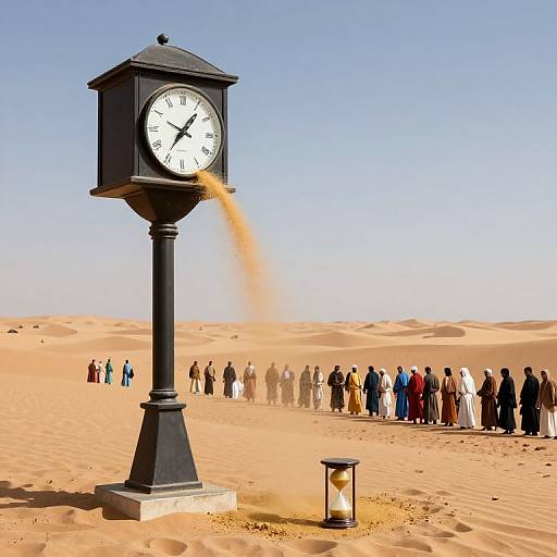 Photograph of a black clock standing in a desert, with a group of people in traditional clothing standing in line behind it, sand blowing from the clock