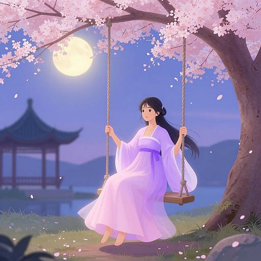 Serene Woman on Cherry Blossom Swing