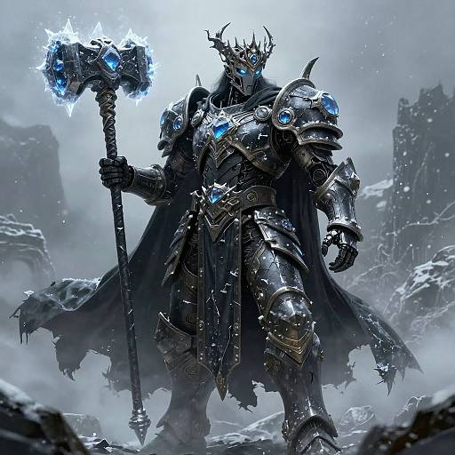 Digital art of a fearsome, armored dark knight with glowing blue eyes, holding a glowing hammer, standing in a snow-covered, rocky landscape.