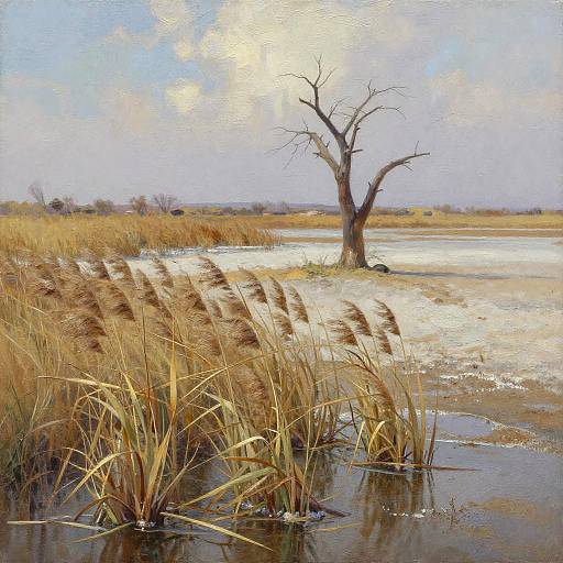 Impressionist-style painting of a sunlit wetland with tall reeds, a lone leafless tree, and reflective water under a partly cloudy sky