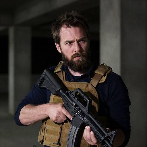 Intense Bearded Man in Tactical Gear
