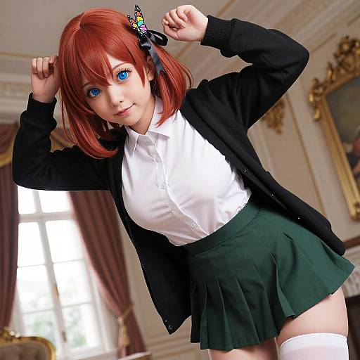 CGI anime-style girl with red hair, blue eyes, wearing a black cardigan, white shirt, green skirt, and thigh-high socks, poses