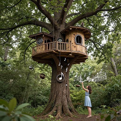 Photograph of a young girl in a blue dress playing with musical instruments in a wooden treehouse nestled in a large, leafy tree in a lush