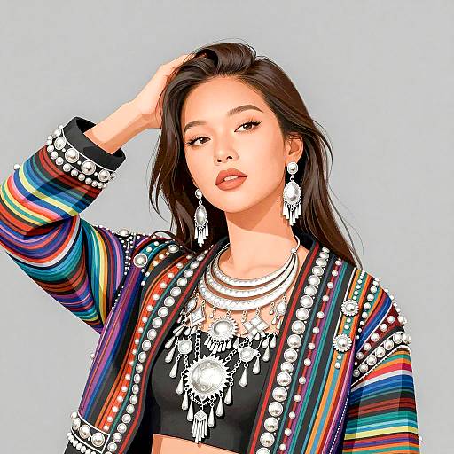 Asian Woman in Embellished Striped Jacket and Silver Jewelry