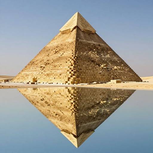Photograph of a large, weathered pyramid with a reflective water pool in front, mirroring its golden-brown, textured surface under a clear blue