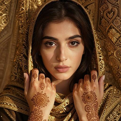 Photograph of a beautiful South Asian woman with dark hair, brown eyes, and intricate henna designs on her hands, wearing an ornate gold-pattern