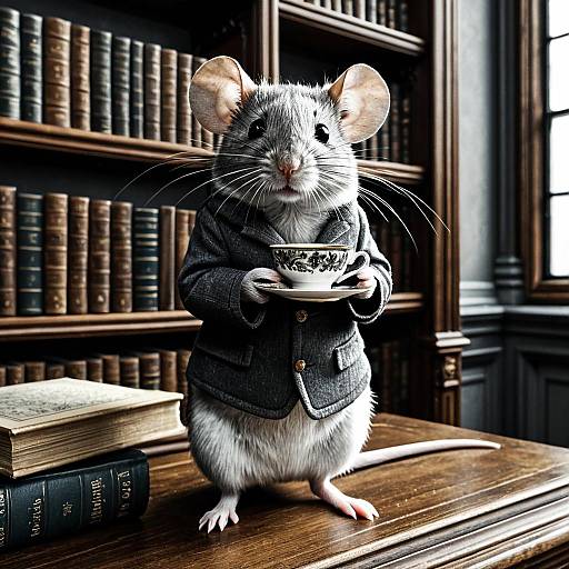 Mouse Holding Tea in Victorian Library