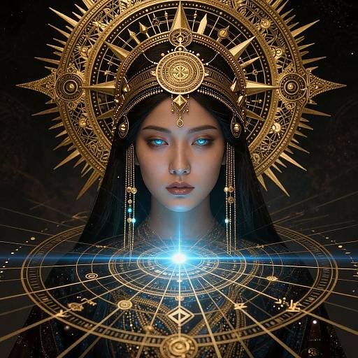 Digital artwork of a serene, ethereal woman with glowing blue eyes, adorned with a gold, celestial crown, emitting a bright blue light, surrounded by