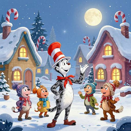 Colorful cartoon of a smiling black-and-white-striped cat with red hat and bowtie, leading five winter-dressed children in snowy village under full moon