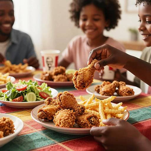 Photograph of three African-American children at a colorful table, sharing crispy fried chicken and fries, with a fresh salad in the foreground.