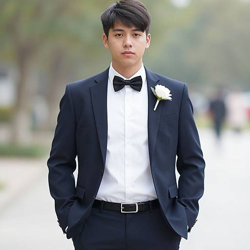 Photograph of a young Asian boy with short black hair, wearing a black tuxedo with a white shirt, black bow tie, and white flower