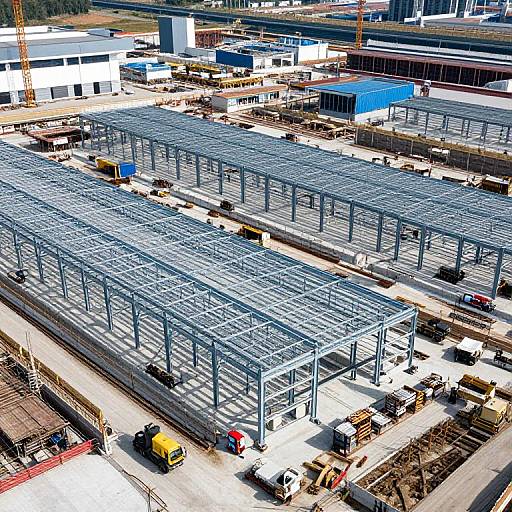 Aerial photograph of a large construction site with multiple blue steel frameworks, trucks, and construction equipment, surrounded by industrial buildings.
