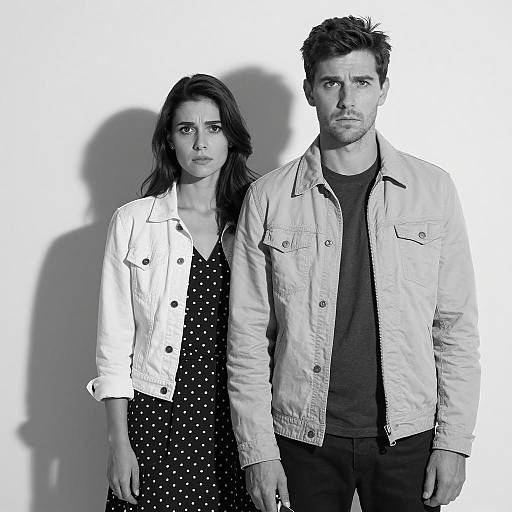 Photograph of a serious-looking couple; woman in polka-dot dress and white jacket, man in dark shirt and light jacket, black and white background