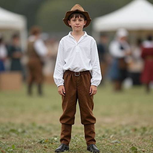 Photograph of a young boy with straight black hair, wearing a white shirt, brown pants, black shoes, and a straw hat, standing in a