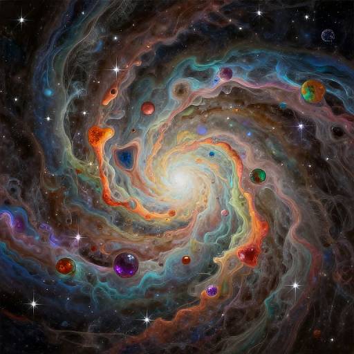 Photograph of a vibrant, swirling galaxy with colorful nebulae, bright central light, and numerous colorful planets scattered throughout a starry background.