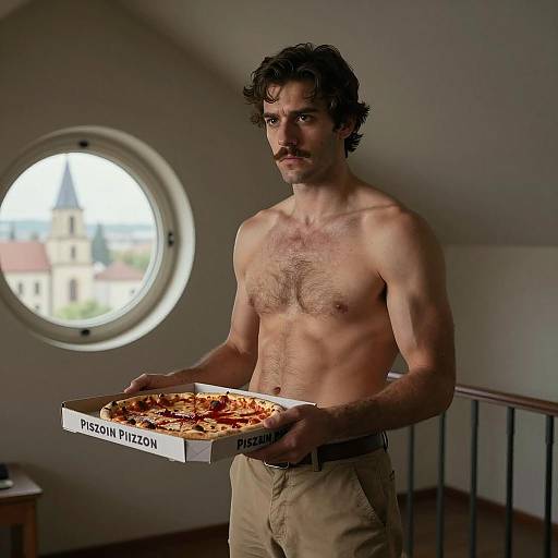 Shirtless Man Holding Bloodstained Pizza Box Indoors