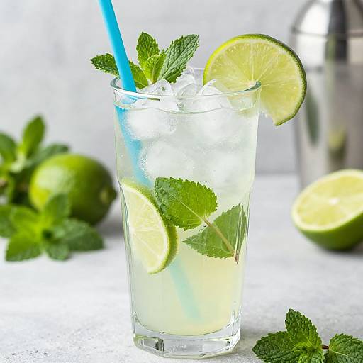 Photograph of a refreshing clear drink in a glass with a blue straw, lemon slices, and mint leaves, garnished with a lemon wedge, with