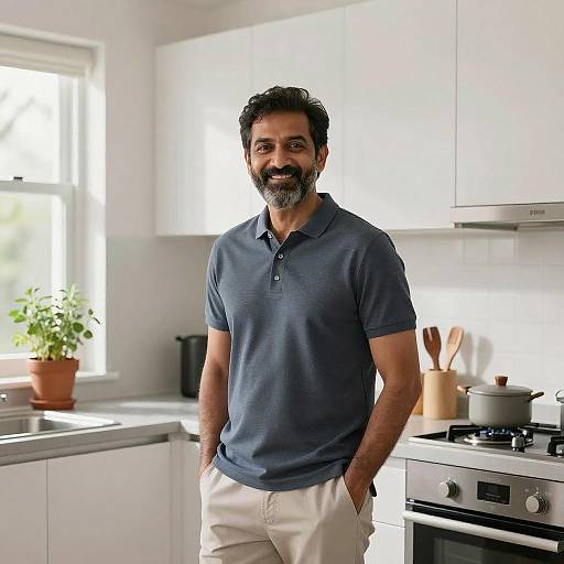 Photograph of a bearded, middle-aged man with dark curly hair, wearing a blue polo shirt and beige pants, smiling in a bright, modern