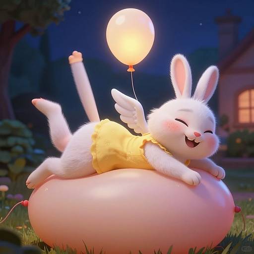 Digital illustration of a joyful white bunny with wings, wearing a yellow dress, lying on a pink balloon, holding a glowing balloon, under a night sky