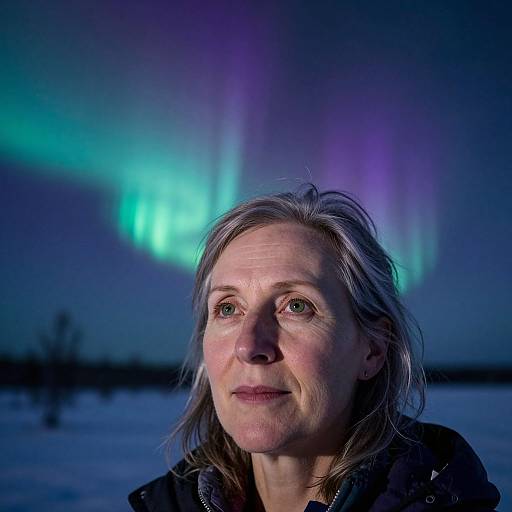 Photograph of a middle-aged woman with fair skin and light brown hair, gazing at vibrant green and purple northern lights in a snowy night landscape.