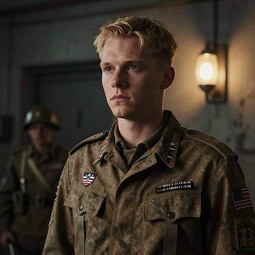 Photograph of a serious, blonde, blue-eyed male soldier in a camouflage military uniform, adorned with medals, standing in dimly lit room with another