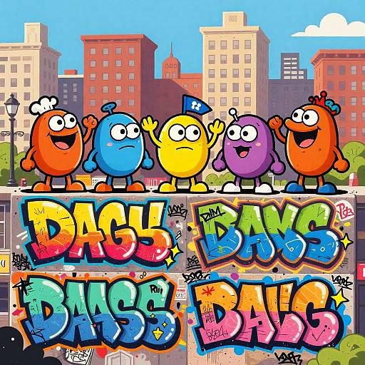 Cartoon cityscape with colorful, anthropomorphic 