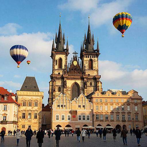 Photograph of Prague's St. Vitus Cathedral with two tall spires, flanked by colorful hot air balloons, bustling crowd, and historic buildings