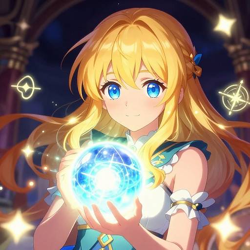 Anime-style digital drawing of a blonde girl with blue eyes, holding a glowing blue orb, wearing a white and blue outfit, surrounded by magical symbols in