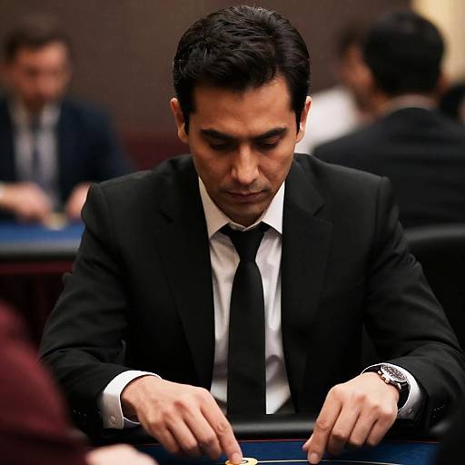 Focused Man in Black Suit at Table
